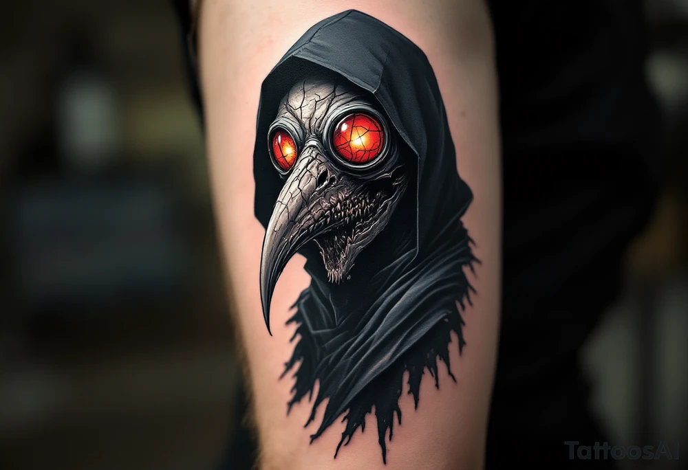 Demonic Plague Doctor – A black-robed doctor with glowing red eyes behind cracked glass lenses, and a mask that appears fused to decayed flesh. The beak is jagged and sharp, resembling a monstrous creature. tattoo idea