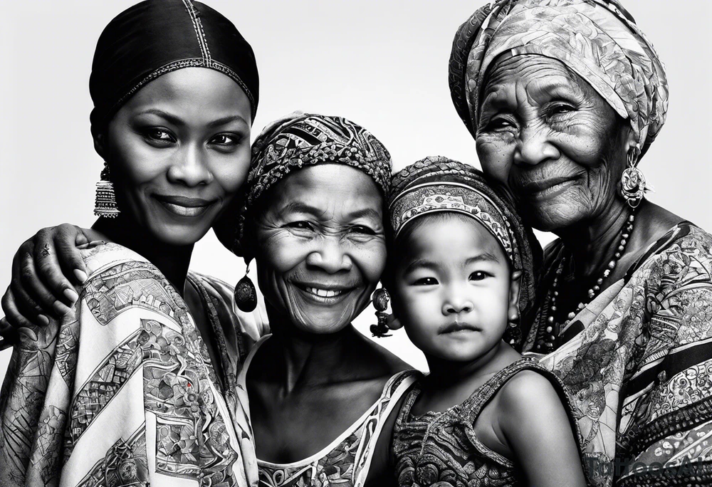 three people leaning against each other. on the left a really very young african daughter, in the middle a german mother, on the right a really very old asian grandmother. big difference in age, in an artfully decorated frame tattoo idea