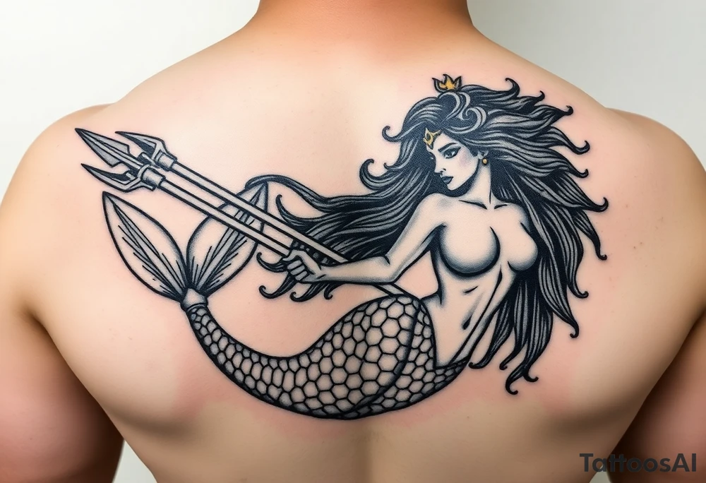 warrior mermaid, trident powerful queen, long afro hair, beautiful tattoo idea