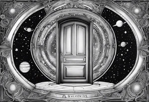 An Door that opens to a whole Universe. only depict the Door and the universe inside it, nothing else tattoo idea