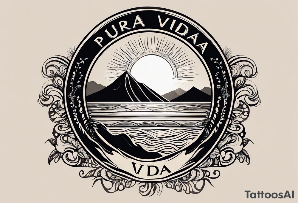 The letters "Pura Vida" forming the gentle curves of ocean waves, with the "i" in "Vida" extending into a mountain peak. The sun could be subtly incorporated above the letters. It creates a harmonious blend of nature and the phrase. tattoo idea