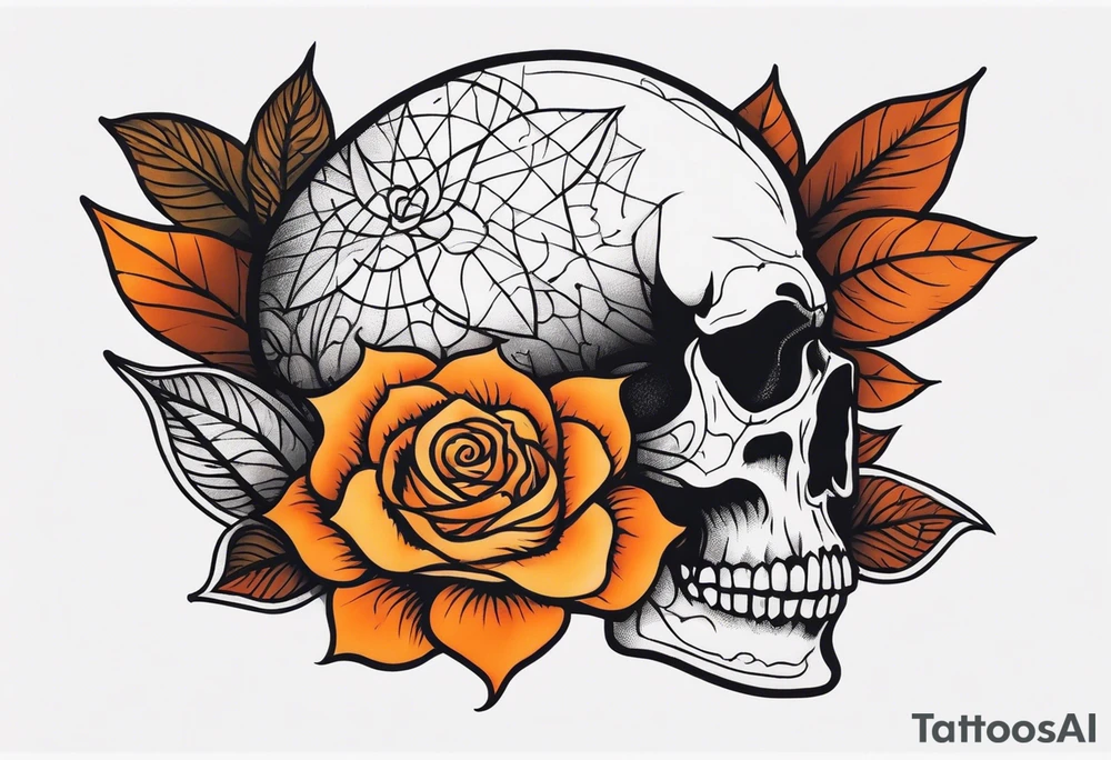 traditional Knee tattoo in fall colors showing a large skull with a rose in the style of Mark Mahoney tattoo idea