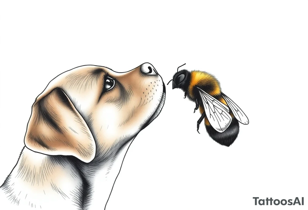 brown lab looking up at a bumble bee like it’s almost about to sniff it but they’re not touching. all black ink and fine line. tattoo idea