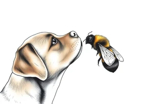 brown lab looking up at a bumble bee like it’s almost about to sniff it but they’re not touching. all black ink and fine line. tattoo idea