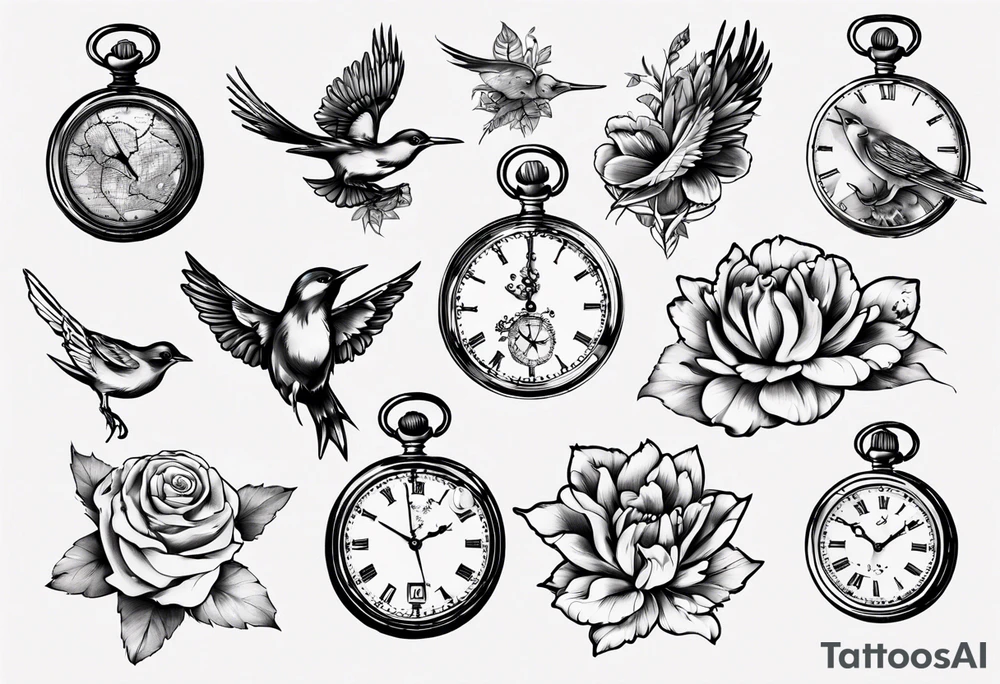 pocket watch, map , flower , bird tattoo idea