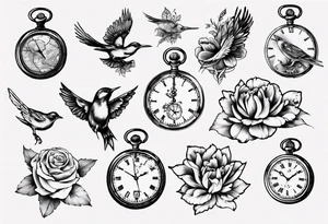 pocket watch, map , flower , bird tattoo idea