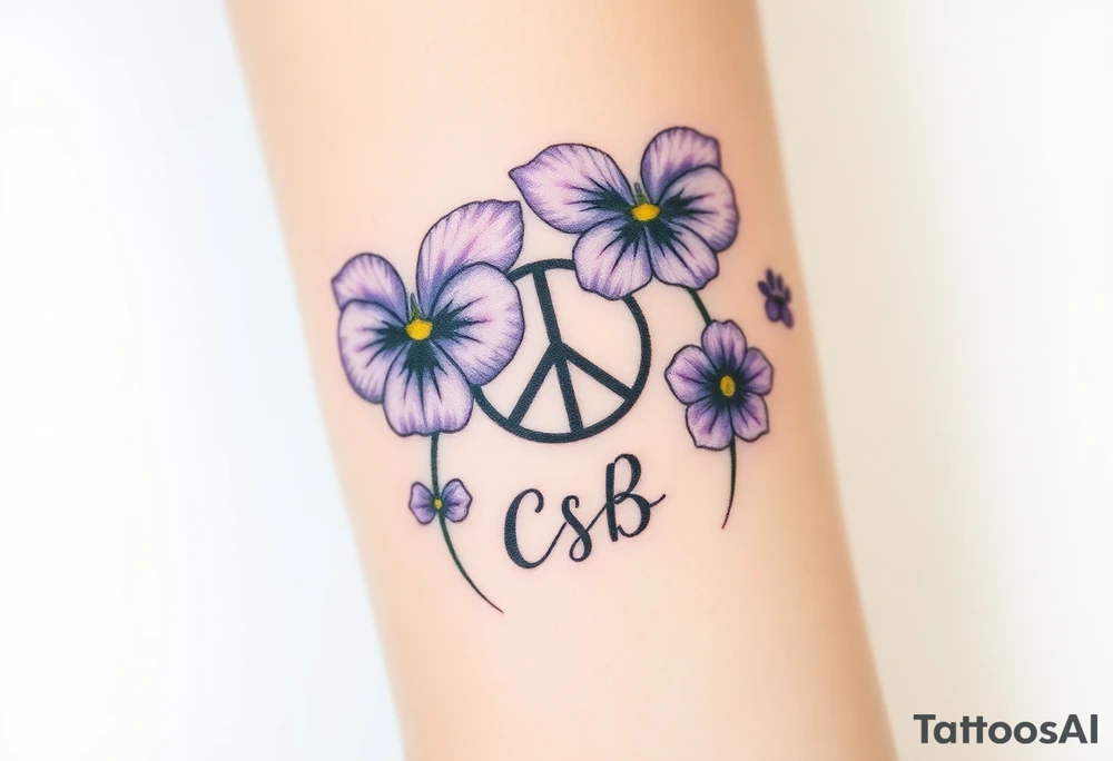 Violets, peace symbol, Pisces symbol, dog prints, amethyst, initials csb in cursive font tattoo idea