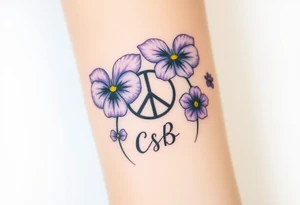 Violets, peace symbol, Pisces symbol, dog prints, amethyst, initials csb in cursive font tattoo idea