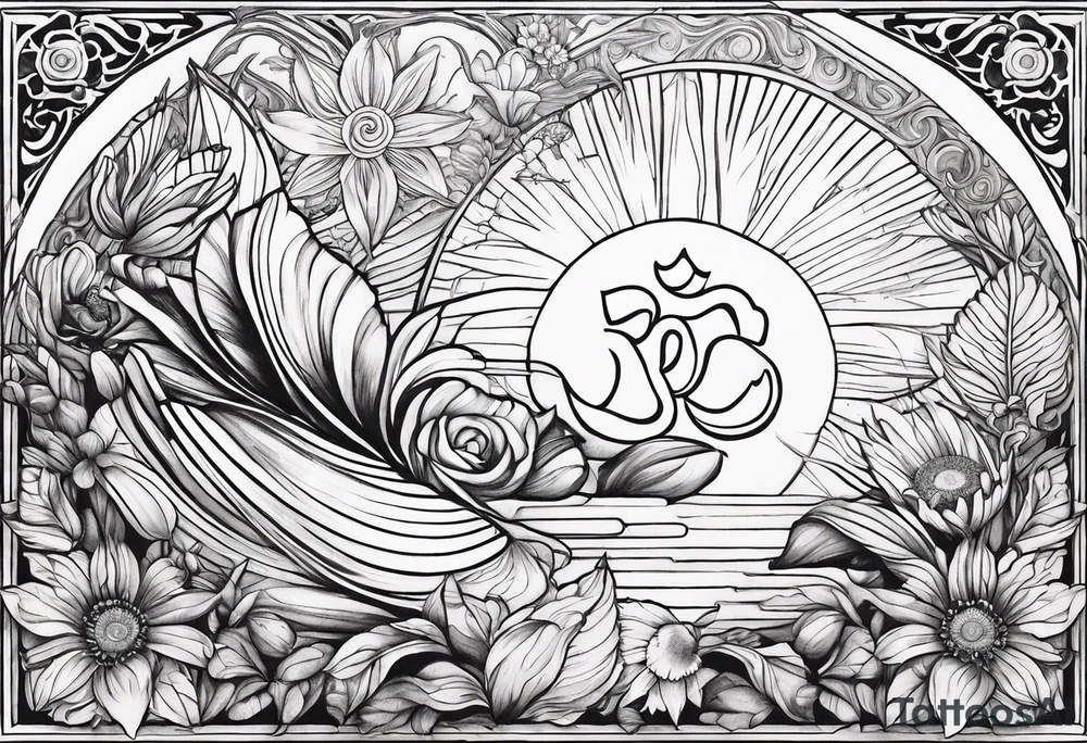 om symbol, sparrow, sunrays, staircase, cosmos, iris, daisy tattoo idea