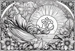 om symbol, sparrow, sunrays, staircase, cosmos, iris, daisy tattoo idea