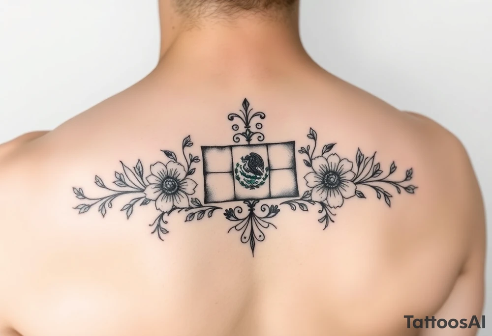 Small, feminine tattoo for placement on my clavical or lower back that reflects new life journey, delicate florals, ornaments and vines. Include Mexican flag and images of Mexican flowers. Style as four tile layout. tattoo idea