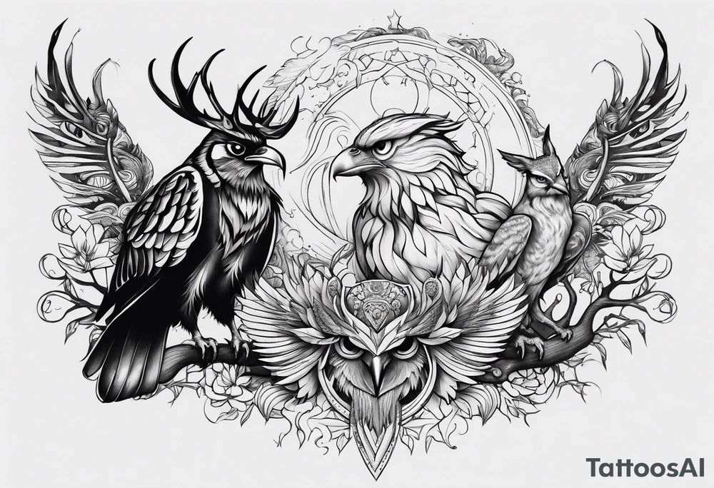 Phoenix with Raven and Tiger on left side and deer and owl on right tattoo idea