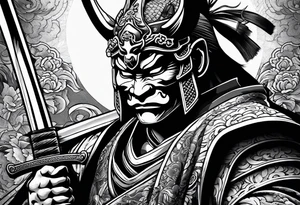 samurai with a hannya mask that covers half of his face who is in a slightly tilted posture holding a katana in an attack position tattoo idea