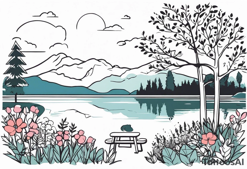 picnic scene in nature by a lake with bushes, tress and flowers. tattoo idea