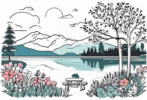 picnic scene in nature by a lake with bushes, tress and flowers. tattoo idea