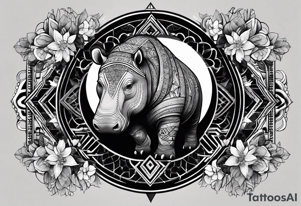 Very asymmetrical, +geometric pattern, with realistic full moon, with hippo at side look, +tribal, +geometric, +inkart , +blackwork, +grey scale, + sketch
with wintersweet flower bud, +inkart touch, +for men tattoo idea