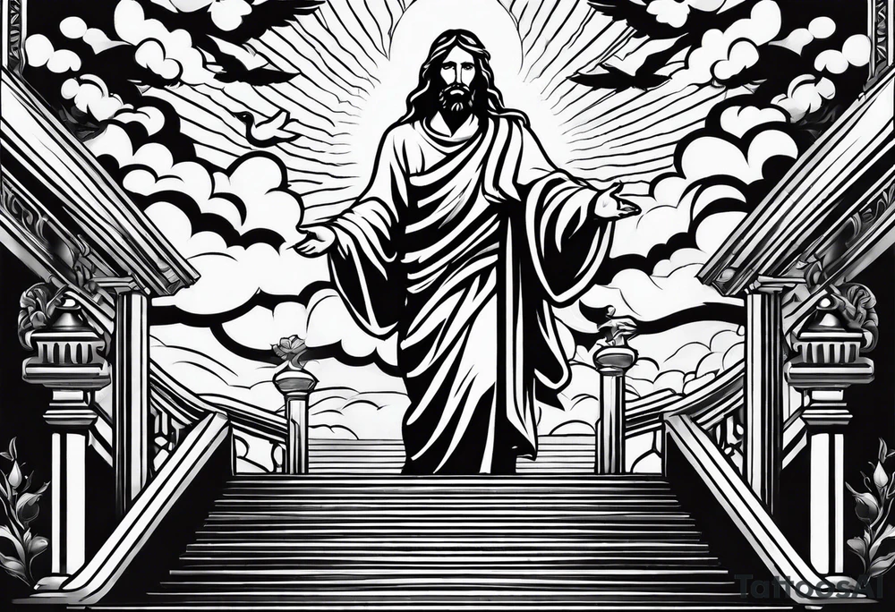 Jesus standing on a flight of stairs with clouds, sunshine and a dove in the background on the upper arm tattoo idea