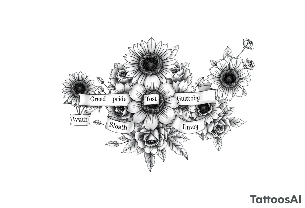 powerful sexy seven deadly sins with words greed, pride, gluttony, wrath, lust, sloth and envy, surrounded by sunflowers and roses tattoo idea