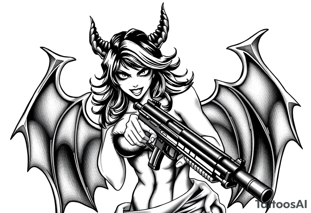 angry succubus holding gun, anime tattoo idea