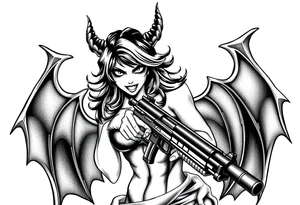 angry succubus holding gun, anime tattoo idea