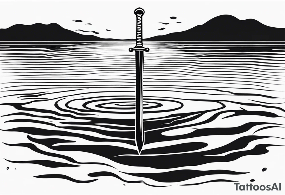 a sword with the idea of tranquility. THat has ripples resembling a pond. Brush strokes surrounding it. tattoo idea