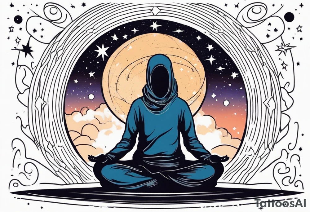 faceless human meditating in space among the stars and blackholes tattoo idea