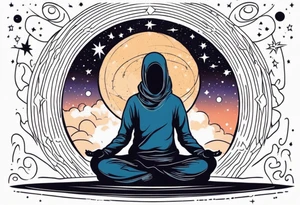 faceless human meditating in space among the stars and blackholes tattoo idea