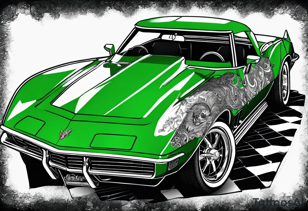 Skeleton smoking a cigarette driving a green 1976 convertible Corvette tattoo idea