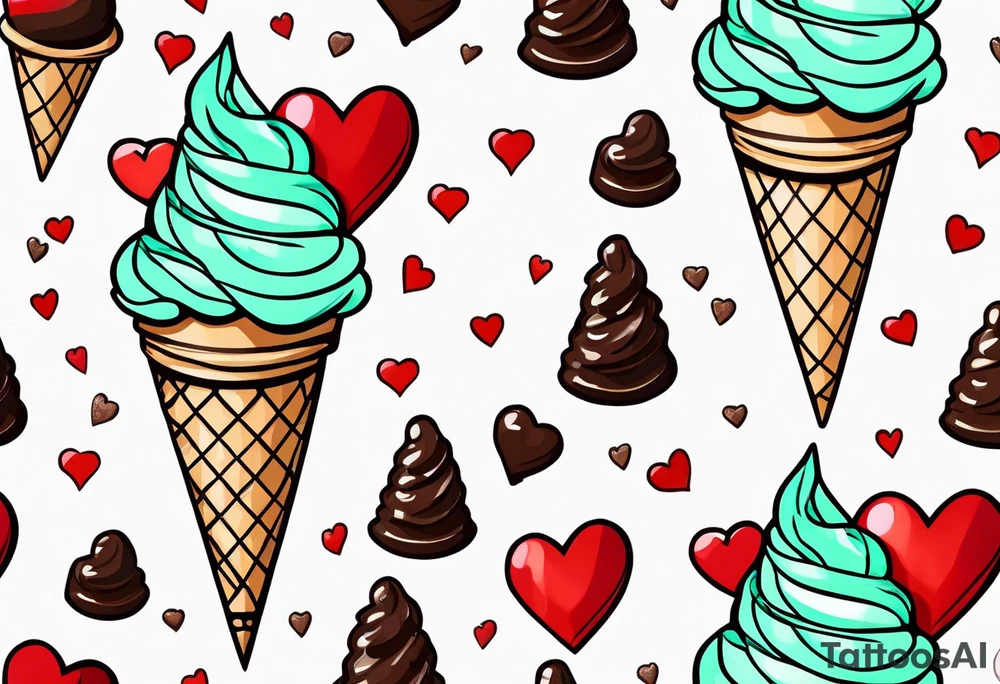 simple mint chocolate chip ice cream cone with small red heart on it somewhere. tattoo idea