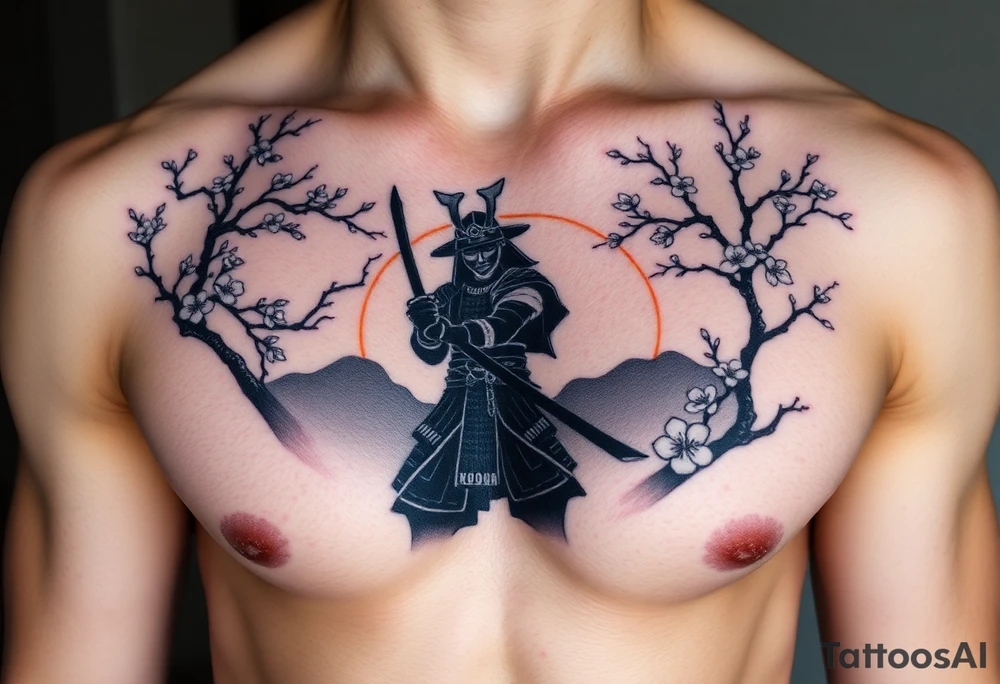 noble samurai warrior silhouette at sunset with cherry blossoms tattoo idea