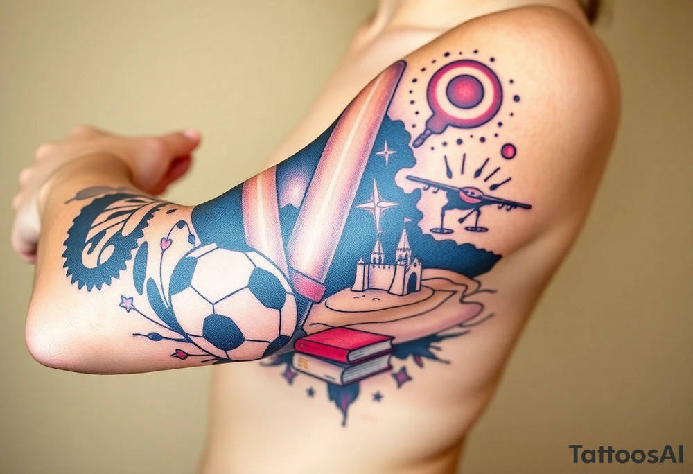 Collage of childhood memories including a football, a cricket bat, Somerset, a sandcastle and a small pile of books. tattoo idea