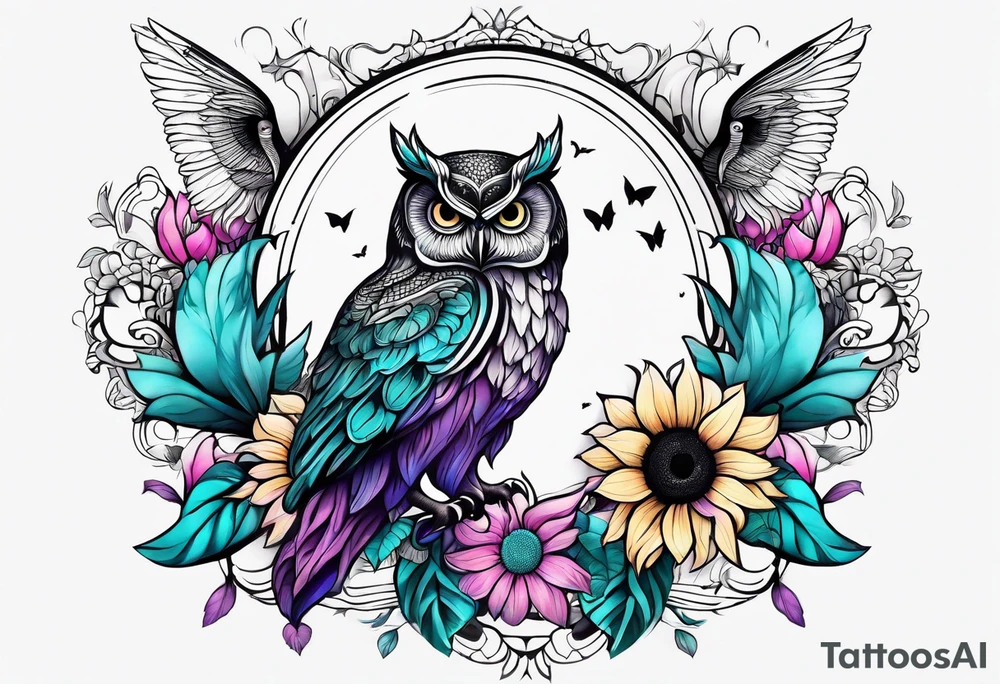 Leg Sleeve with black and white owl that's lightly shaded teal, pink and purple and yellow sunflowers tattoo idea