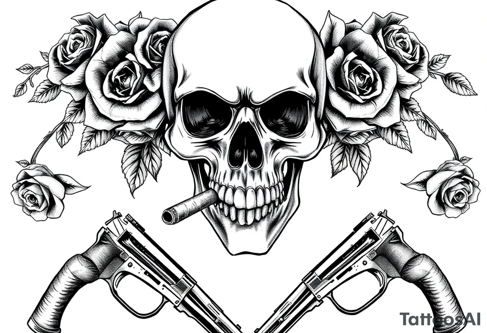 A skull with a cigar, surrounded by thorny roses and crossed pistols. tattoo idea