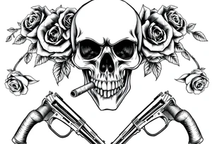 A skull with a cigar, surrounded by thorny roses and crossed pistols. tattoo idea