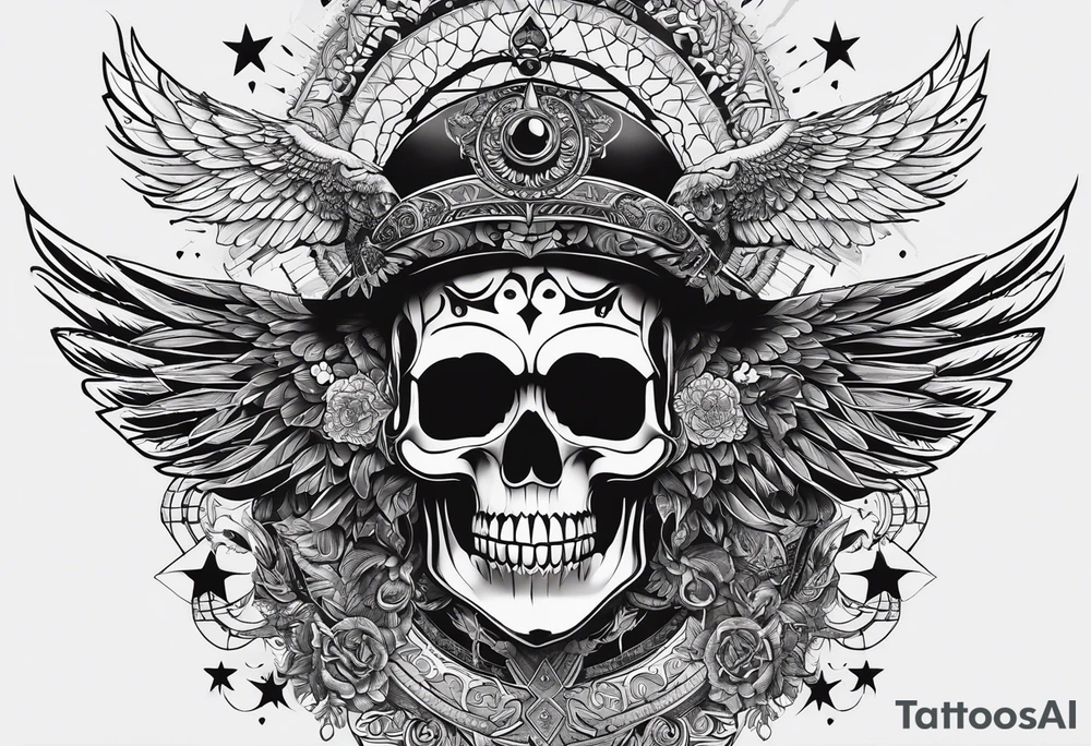 black kali, goddess pirate, alien, pachamama, valkrye, warrior, skull, lotus azul, wing, eagle, zenza resonance, stars, one side chest tattoo idea