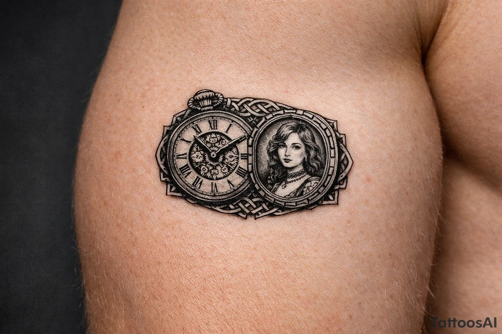 Victorian pocket watch, Margo's portrait inside, intricate brass clockwork mechanism. add celtic pattern around area tattoo idea