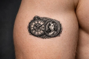 Victorian pocket watch, Margo's portrait inside, intricate brass clockwork mechanism. add celtic pattern around area tattoo idea