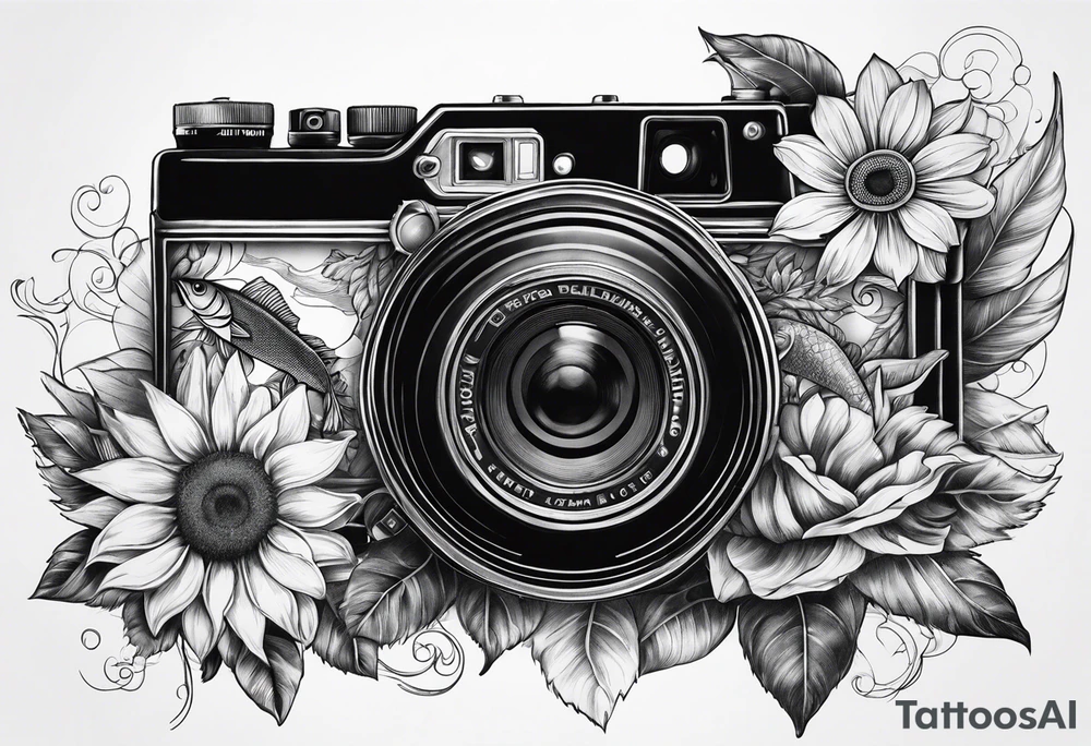 sunflower, camera, fish, flower rose tattoo idea