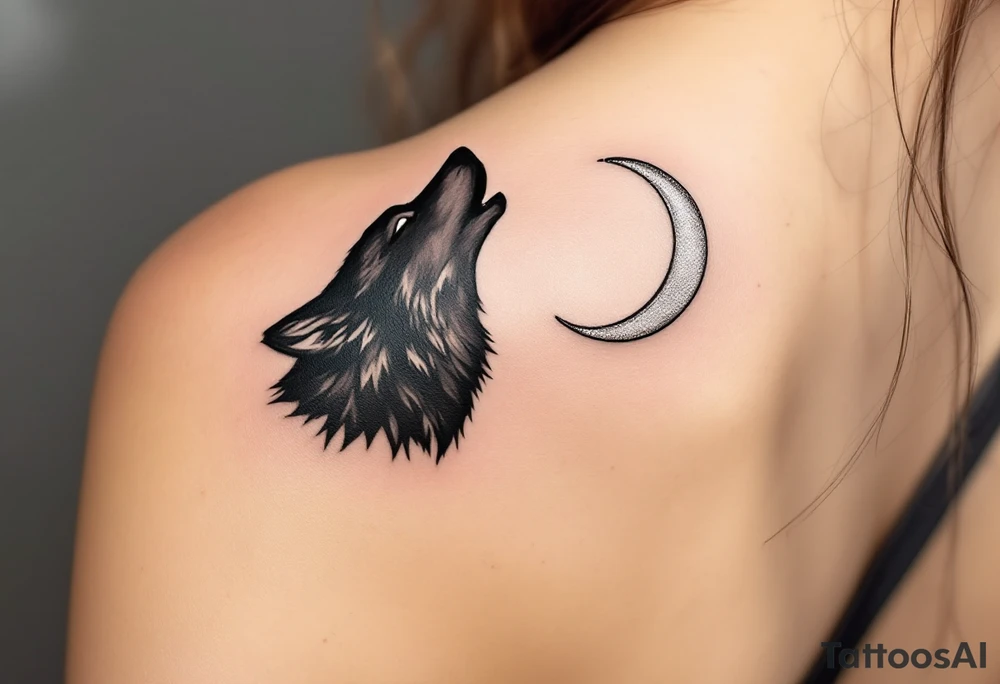A howling black wolf for and a silver crescent moon on both partners shoulder blade. tattoo idea
