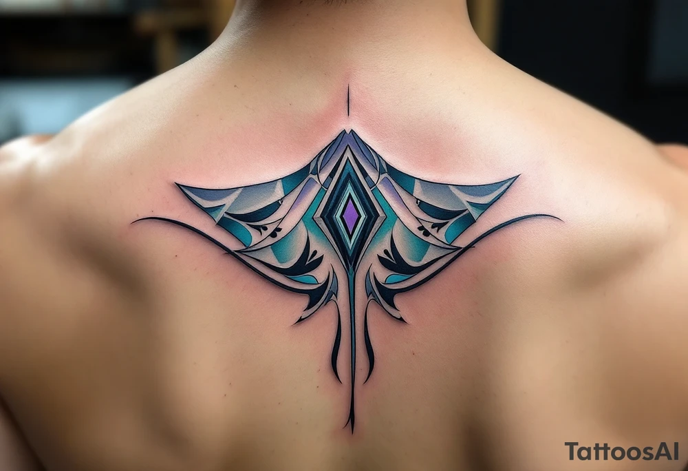 A graceful ray fish glides through deep turquoise waters, its diamond-shaped body shimmering in gradients of silvery blue and soft lavender, with delicate dark spots trailing along its gently undulating wings. tattoo idea