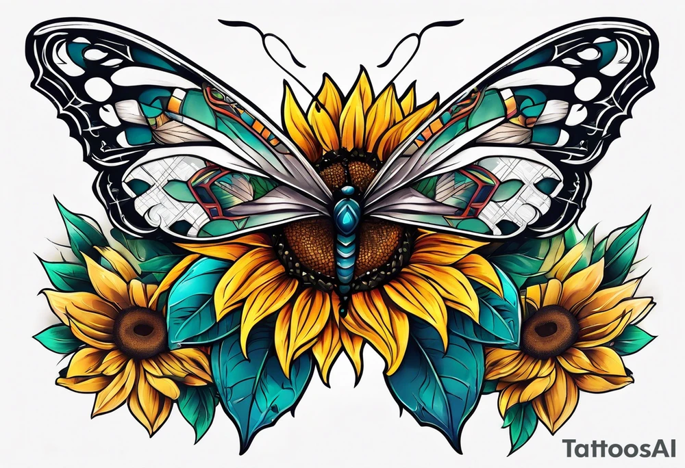 Half butterfly half sunflower tattoo idea