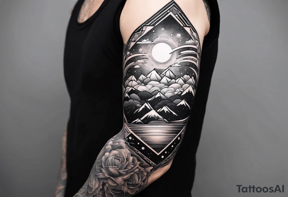 geometric arm sleeve tatoo, space, nature tattoo idea