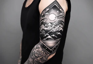 geometric arm sleeve tatoo, space, nature tattoo idea