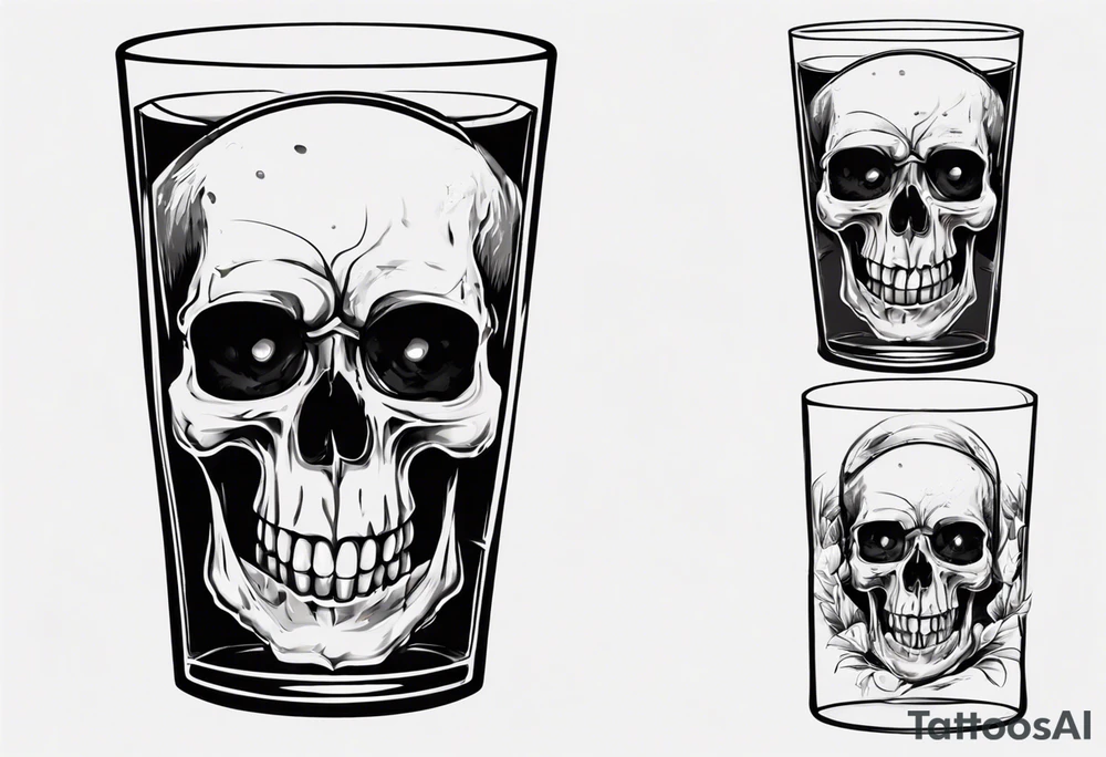 A smiling looking to the left scull inside the glass with alcohol and piece of lime tattoo idea