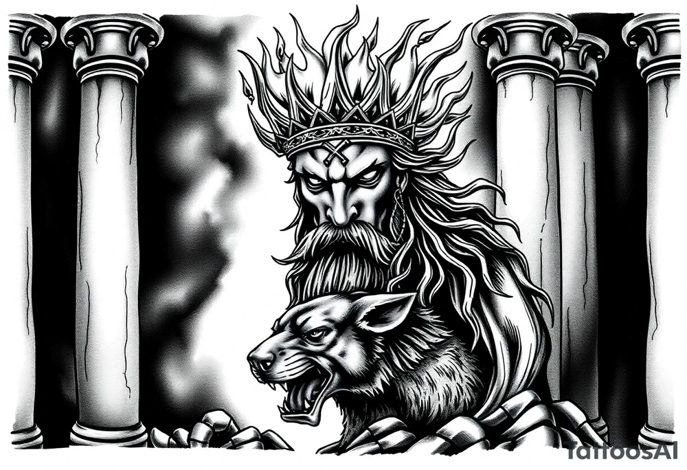 1. Hades y el Inframundo (versión oscura y elegante)
Rostro de Hades con corona de espinas de fuego negro.

A sus pies, Cerbero, el perro de tres cabezas, emergiendo entre sombras o llamas oscuras.

Fondo con columnas rotas, cráneos o el río Estigia como corriente negra que atraviesa el pectoral tattoo idea