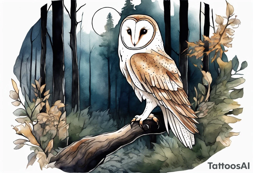 a tall barn owl with extremely long legs walking on a forest path at night tattoo idea