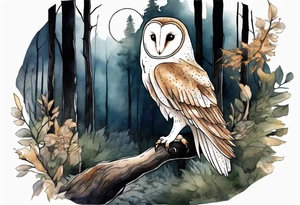 a tall barn owl with extremely long legs walking on a forest path at night tattoo idea