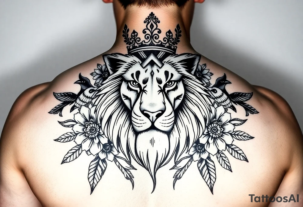 powerful majestic lion with a crown, surrounded by floral ornaments and birds tattoo idea