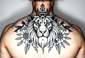 powerful majestic lion with a crown, surrounded by floral ornaments and birds tattoo idea