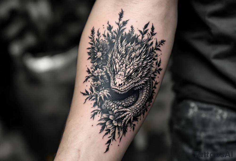powerful majestic reptile, surrounded by floral ornaments tattoo idea